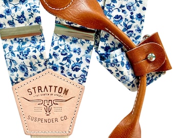 Tirantes con cierre magnético y diseño floral en azul zafiro: accesorios vintage en blanco roto para padrinos de boda / Ropa masculina tradicional estadounidense