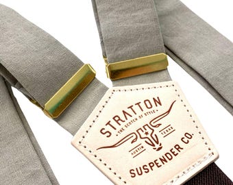 Mushroom Linen Wedding Suspenders – Vintage Taupe Button-On Groomsmen Suspenders, Rustic Brown Suit Accessories, Handmade Leather Suspenders