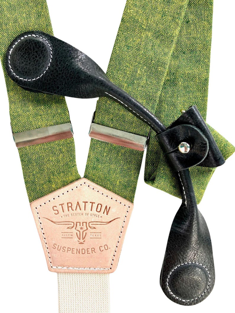 Chartreuse Green wedding Suspenders with Black Leather Magnetic Clasps