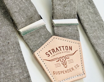 Olive Linen and Leather Wedding Suspenders - Stratton Suspender Co. Magnetic Clasp Attachment