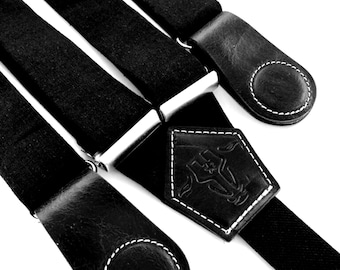 Monochrome Black Women’s Suspenders – Handmade Linen with Leather Magnetic Clasps | Minimalist Workwear & Capsule Wardrobe Accessory