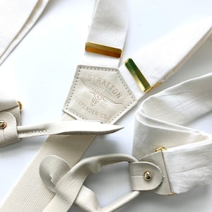Parelwitte smokingbretels – trouwbretels met knopen van duifwit leer | Handgemaakte formele bretels voor bruidegom en pak