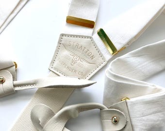 Pearl White Tuxedo Suspenders – Button-On Wedding Suspenders with Dove White Leather | Handmade Formal Braces for Groom & Suit