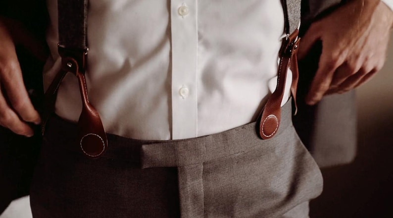 Leather Wedding Suspenders for Groomsmen by Stratton Suspender Co. in formal wear