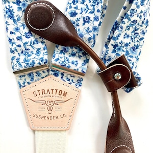 Blue Floral & Leather Clasp Wedding Suspenders - Stratton Suspender Set