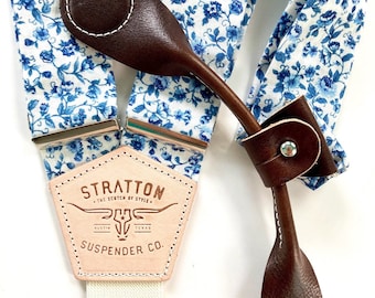 Blue Floral & Leather Clasp Wedding Suspenders - Stratton Suspender Set