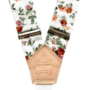 Rustic rose floral suspenders with handmade in USA leather patch, boho women’s accessory.