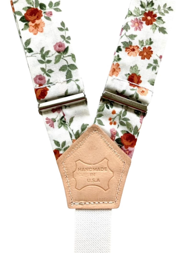 Rustic rose floral suspenders with handmade in USA leather patch, boho women’s accessory.