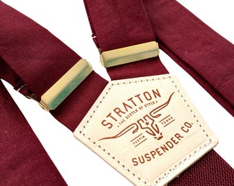 Bordeaux Linen Wedding Suspenders – Burgundy Button-On Groomsmen Suspenders, Vintage Wine Red Suit Accessories, Handmade Leather Suspenders