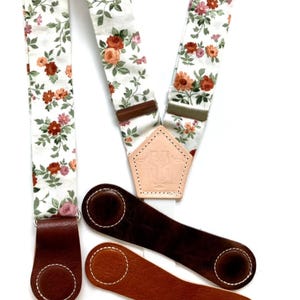 Rustic rose floral suspenders with leather magnetic clasp options in cognac, tan, and chocolate for women’s boho outfits.