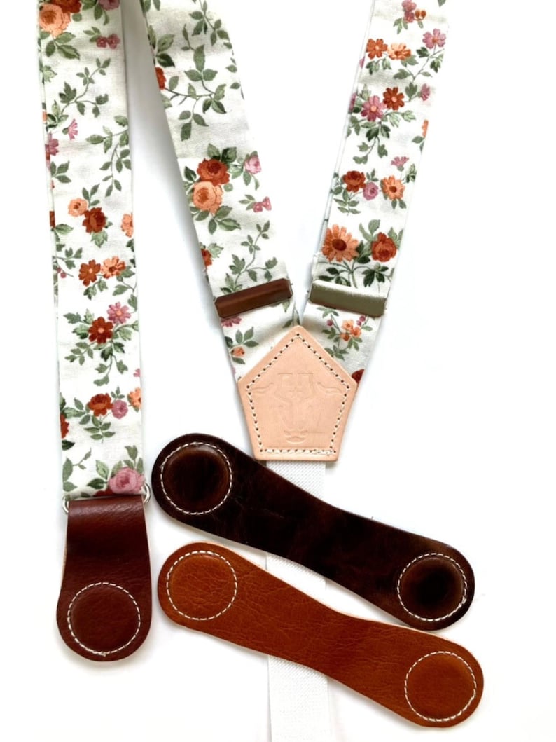 Rustic rose floral suspenders with leather magnetic clasp options in cognac, tan, and chocolate for women’s boho outfits.