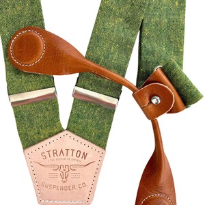 Chartreuse Green wedding Suspenders with Tan Leather Magnetic Clasps