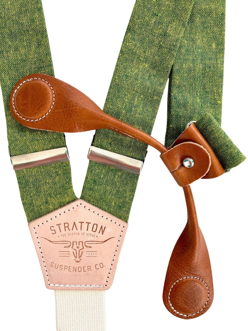 Chartreuse Green wedding Suspenders with Tan Leather Magnetic Clasps