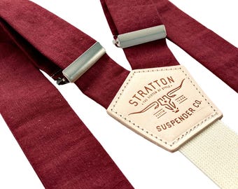 Burgundy Linen Suspenders – Handmade Button-On Braces for Rustic Weddings, Groomsmen & Vintage-Inspired Formalwear