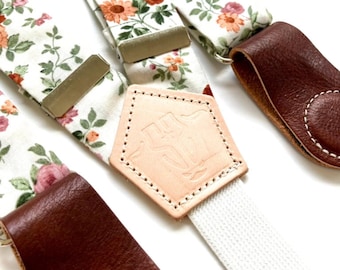 Rustic Rose Floral Women’s Suspenders – Vintage-Inspired Linen with Leather Clasps | Boho Festival Outfit Accessory
