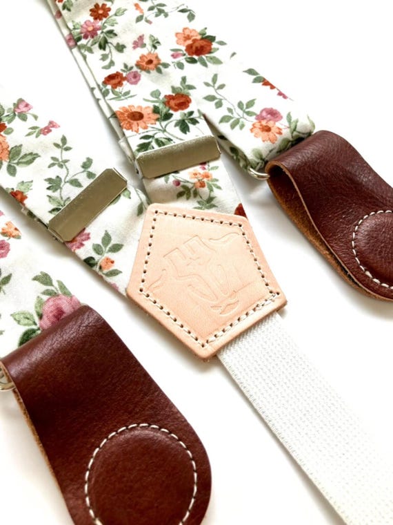 Rustic Rose Floral Women’s Suspenders – Vintage-Inspired Linen with Leather Clasps | Boho Festival Outfit Accessory