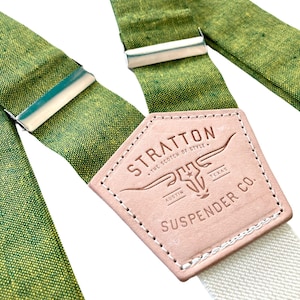 Stratton Suspender Co. Chartreuse Green linen and leather wedding suspenders