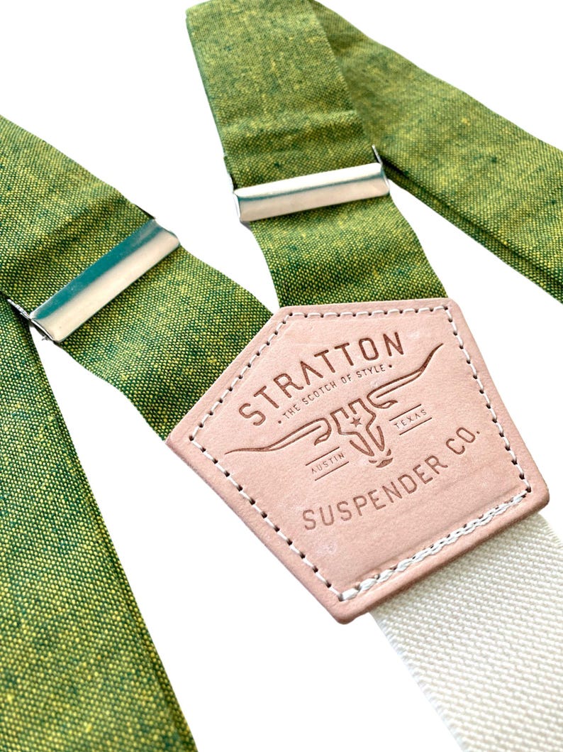 Stratton Suspender Co. Chartreuse Green linen and leather wedding suspenders