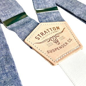 Denim Blue Linen Suspenders – Button-On Wedding Suspenders for Groomsmen | Handmade Leather Braces for Groom, Formalwear & Vintage Suits