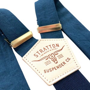 Navy Blue Wedding Suspenders – Groomsmen Suspenders with Leather Ends, Midnight Blue & Gold, Vintage Button-On Suspenders for Suits