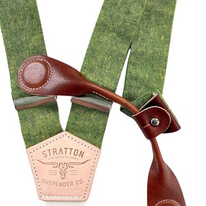 Chartreuse Green wedding Suspenders with Cognac Leather Magnetic Clasps