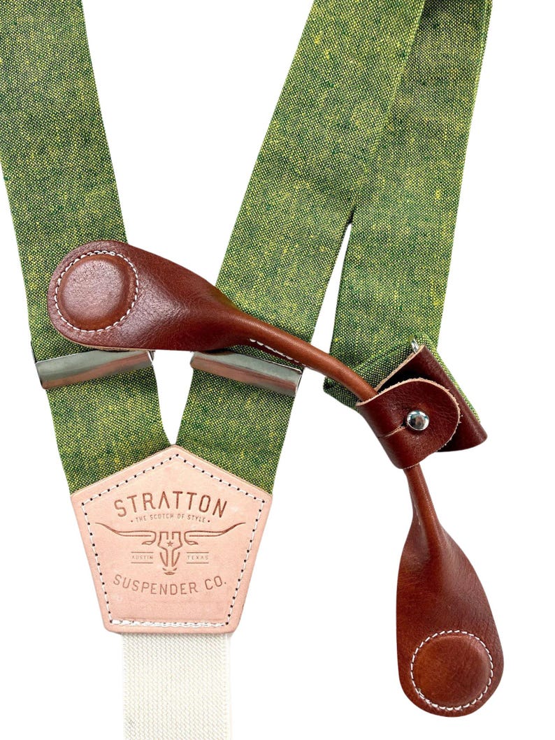 Chartreuse Green wedding Suspenders with Cognac Leather Magnetic Clasps