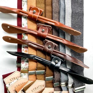 Rustic linen suspenders with handcrafted leather button ends. Available in warm earthy tones, perfect for weddings, groomsmen, and vintage-inspired menswear. Handmade in Texas by Stratton Suspender Co.