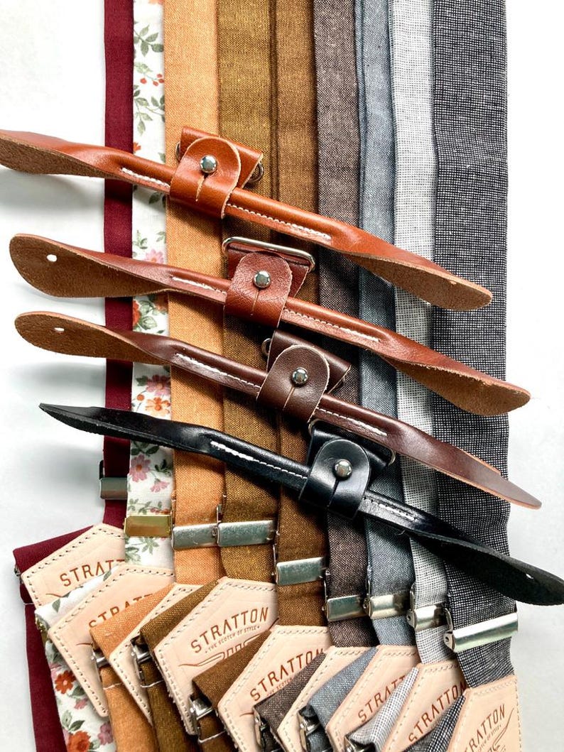 Rustic linen suspenders with handcrafted leather button ends. Available in warm earthy tones, perfect for weddings, groomsmen, and vintage-inspired menswear. Handmade in Texas by Stratton Suspender Co.