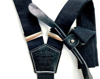 Black and White - Black Tie Suspenders / Braces with Leather Button On Attachment