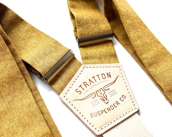 Marigold Yellow Wedding Suspenders – Vintage Button-On Groomsmen Suspenders, Rustic Mustard Suit Accessories, Handmade Leather Suspenders