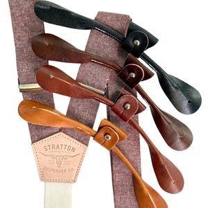 Rust Maroon Linen Suspenders – Handmade Button-On Braces for Weddings & Groomsmen | Vintage Formal Suspenders with Leather Tabs