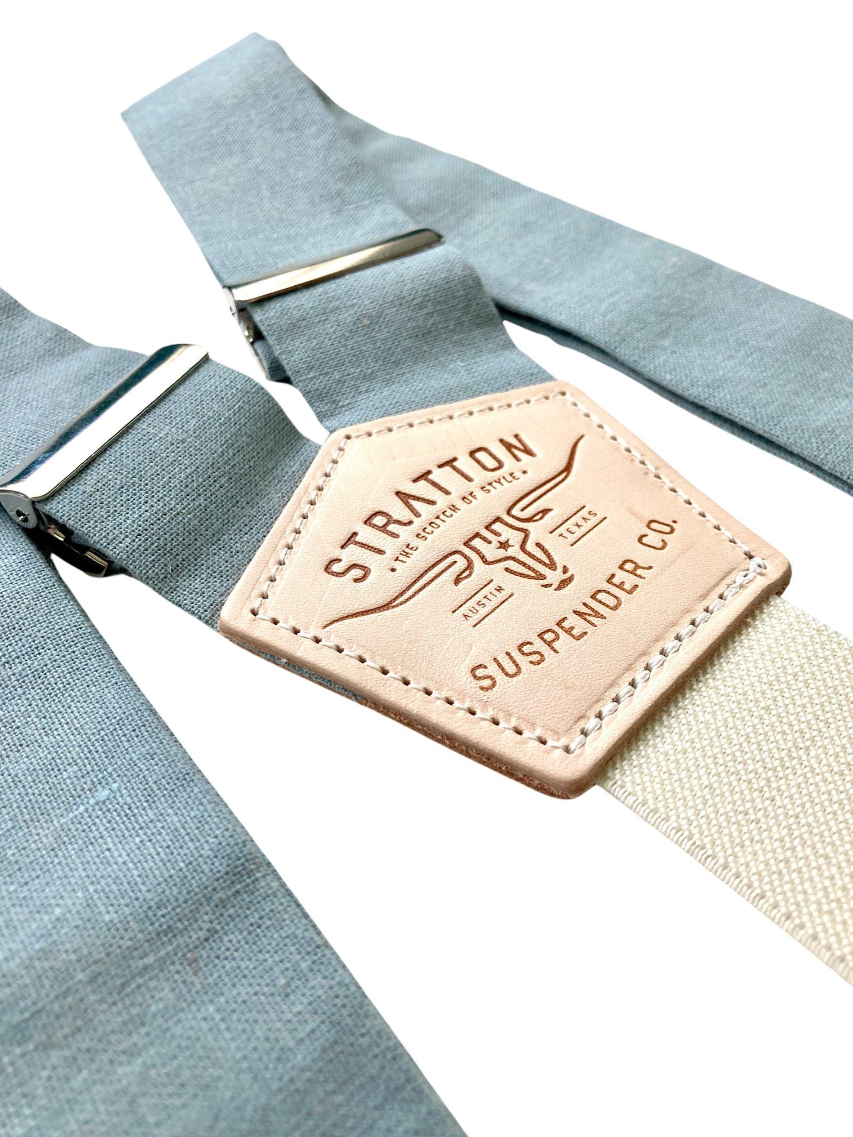 Dusty Blue Linen Suspenders - Handmade Leather Button-On Suspenders for Weddings, Groomsmen & Timeless Menswear
