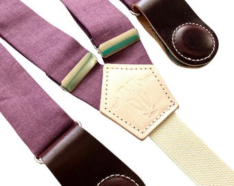 Plum Women’s Suspenders – Hand‑woven Linen with Wine Leather Clasps | Vintage-Inspired Accessory for Fall Outfits & Wine Tasting Style