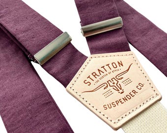 Plum Wedding Suspenders – Rustic Plum Linen Groomsmen Braces, Handmade Button-On Leather Suspenders