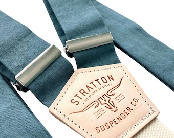 Teal Linen Wedding Suspenders – Vintage Dusty Teal Button-On Suspenders for Groomsmen, Groom & Formalwear