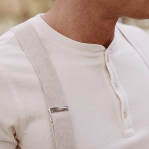 Stratton Suspender Co. Mens Ivory Linen Suspender Straps with Stratton Suspender Co. Henley Shirt
