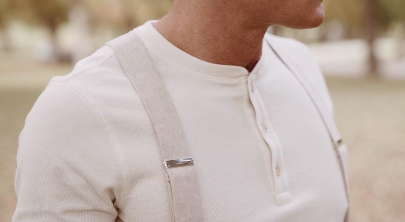 Stratton Suspender Co. Mens Ivory Linen Suspender Straps with Stratton Suspender Co. Henley Shirt