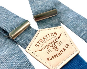 Sky Blue Linen Button-On Suspenders – Handmade Wedding Suspenders with Deep Blue Back Strap & Leather Attachments | Groomsmen Braces