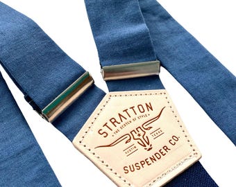 French Blue Linen Wedding Suspenders – Vintage-Inspired Button-On Braces for Groomsmen, Groom & Classic Formalwear