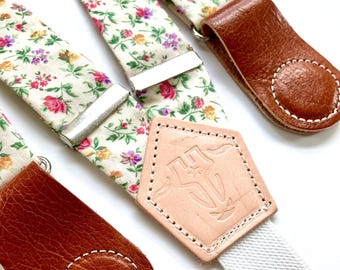 Rose Garden Floral Women’s Suspenders – Handmade Cotton with Leather Clasps | Vintage Cottagecore Accessory for Spring & Festival Outfits