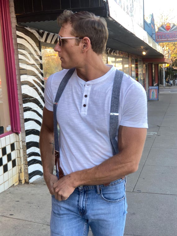 Denim Blue Linen Suspenders – Button-on Wedding Suspenders for