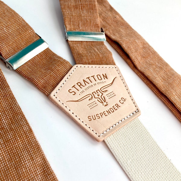 Roasted Pecan Brown and Leather BUTTON ON Suspenders - Limited Special Edition Linen