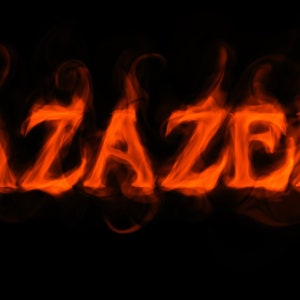May include: The name "Azazel" is written in a fiery orange font, appearing as if it is made of smoke.
