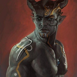 May include: A portrait of a man with horns, blue skin, and yellow and white tattoos. He is wearing a silver chain necklace with a blue pendant. The background is a solid red.
