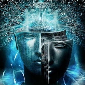 May include: Abstract digital art depicting a face with a cracked, blue and gray texture. The face is split in half, with a glowing blue light emanating from the top of the head. The background is a swirling blue and black pattern.