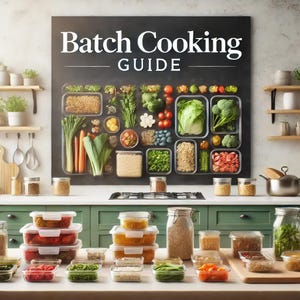Puede incluir: Un mostrador de cocina con una variedad de recipientes de vidrio llenos de diferentes ingredientes. Los recipientes están dispuestos en una cuadrícula en una pizarra negra con el texto "Batch Cooking Guide".