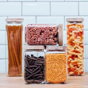 3er Set stapelbare eckige Vorratsgläser mit Holzdeckel 900ml | plastikfreie Aufbewahrungsgläser, Quadratische Vorratsdosen aus Glas