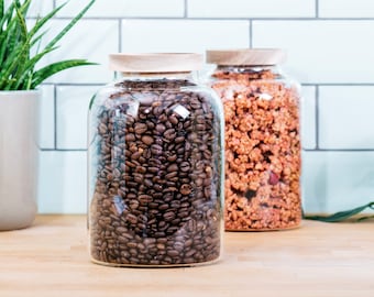 Set of 2 large storage jars with wooden lids in country house style for storage, kitchen cabinets and pantry storage