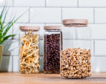 Set of 3 square storage jars 1200ml | Storage jars and storage jars with wooden lids can be stacked for storage, kitchen cupboards