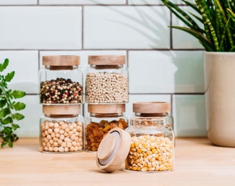 Set of 6 oval spice jars with wooden lids (170ml). Mini storage jars for spice racks, kitchen cabinets, storage & storage